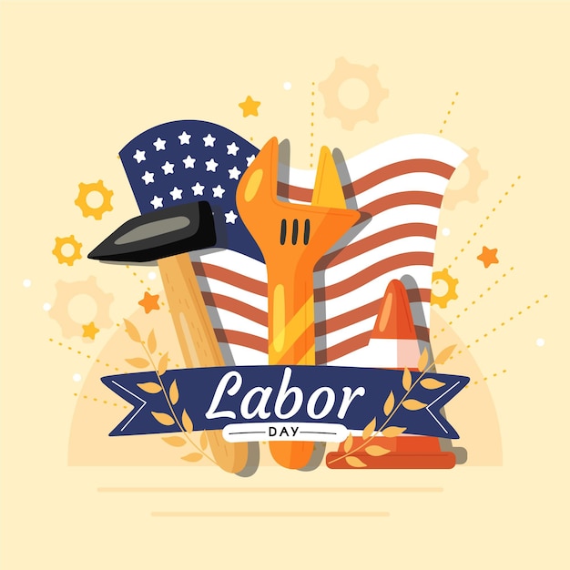 Labor day with tools and flag