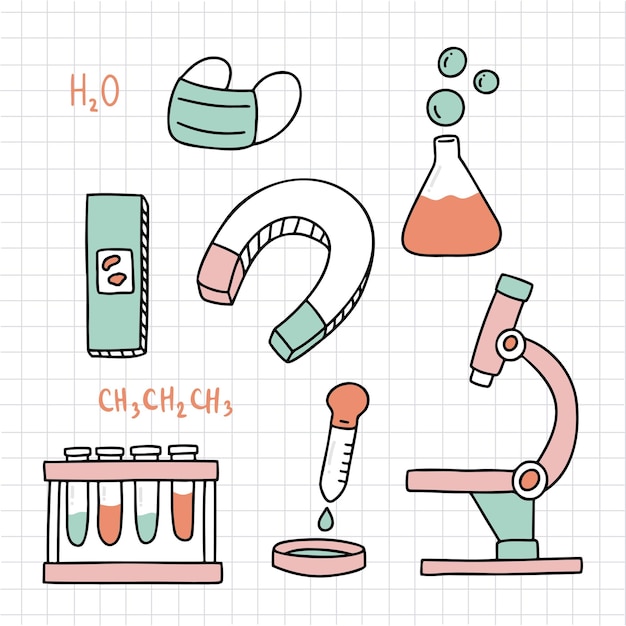 Free Vector laboratory equipment with glass tubes flask beaker and other chemical or medicine lab measuring equipment cartoon style for graphic designer biology science education concept vector illustration