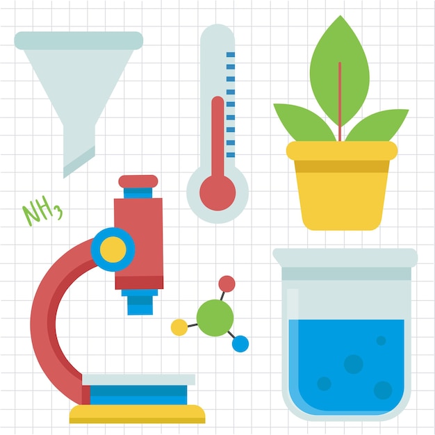 Laboratory equipment with glass tubes flask beaker and other chemical and medicine lab measuring equipment cartoon style for graphic designer Vector illustration