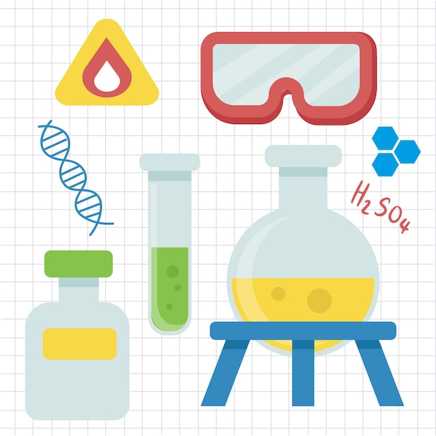 Free vector laboratory equipment with glass tubes flask beaker and other chemical and medicine lab measuring equipment cartoon style for graphic designer vector illustration