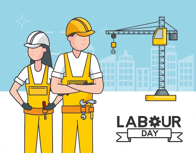 Free Vector laborers with a crane, buildings, illustration