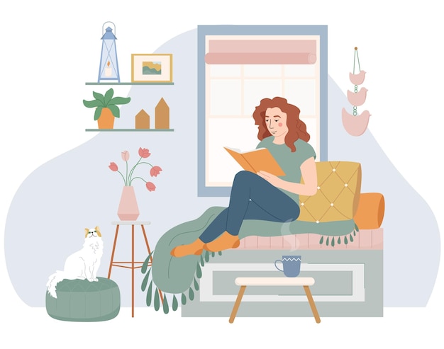 Free vector lagom life flat composition of room interior with flowers window cat and reading woman on sofa vector illustration