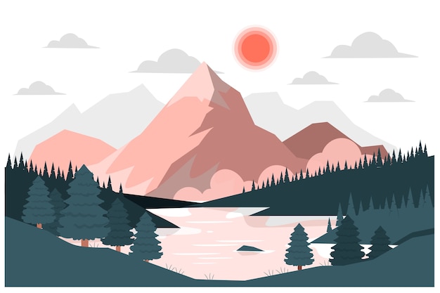 Lake in mountain valley concept illustration