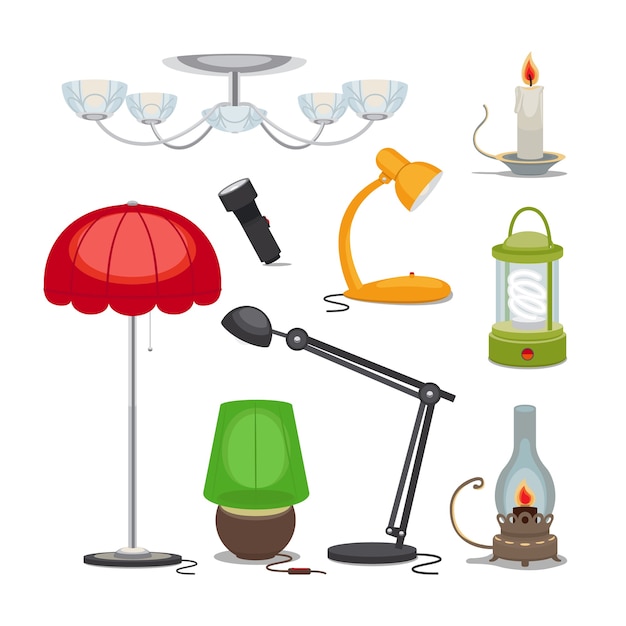 Free Vector lamps and lights. chandelier, flashlight, candle and oil lamp, rechargeable lamp.