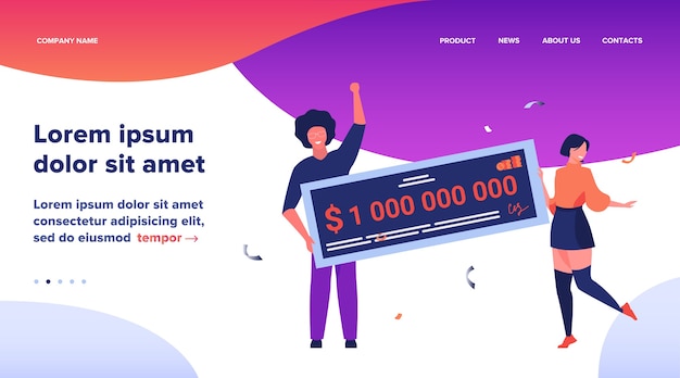 Free Vector landing page, happy girl and guy winning billion of cash, getting money prize, holding bank check. flat vector illustration for grant, lottery winner, jackpot concept