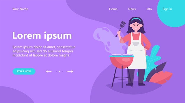 Free Vector landing page, happy woman grilling barbecue meat. female chef in apron holding spatula, cooking in garden  flat vector illustration. bbq party, summer, food concept