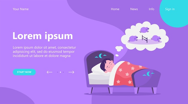 Free Vector landing page, little boy lying in bed and counting sheep. dream, kid, sleeping flat vector illustration. lifestyle and childhood concept