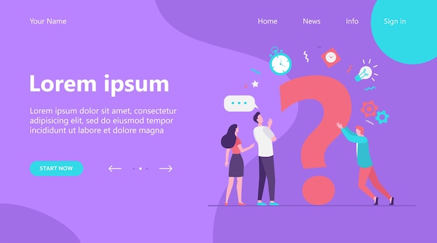 Landing page, People searching solutions and asking for help. Men and women discussing huge question mark. Vector illustration for communication, assistance, consulting concept