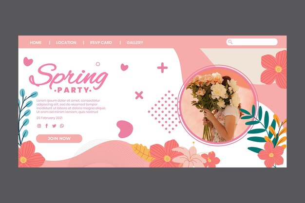 Landing page for spring party with woman and flowers