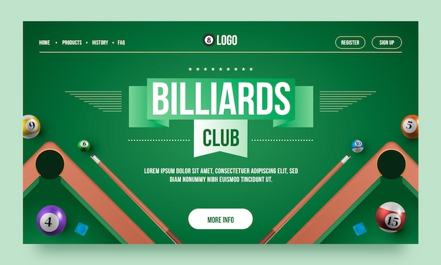 Landing page template for billiards club and pool game