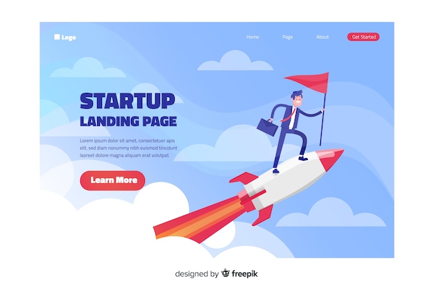 Free Vector landing page template with a rocket