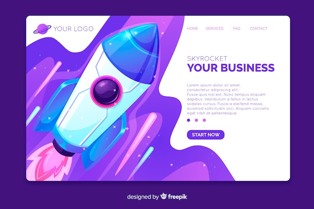 Landing page with a rocket lifting off