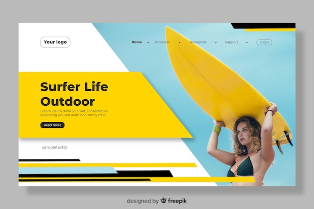 Landing page with surfer woman