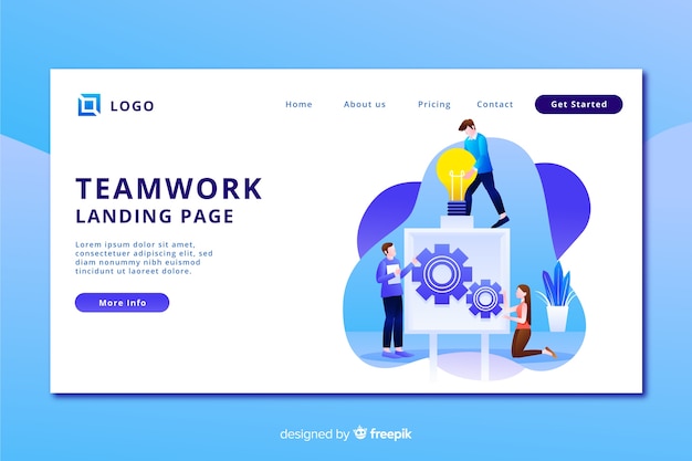 Landing page with team working and gears