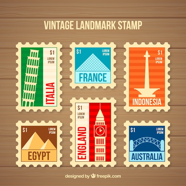 Free vector landmark stamps collection in vintage style