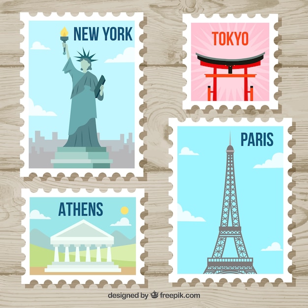 Free Vector landmark stamps collection with cities and monuments