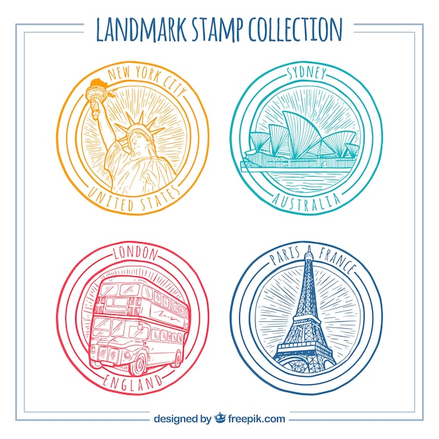 Free Vector landmark stamps collection with cities and monuments