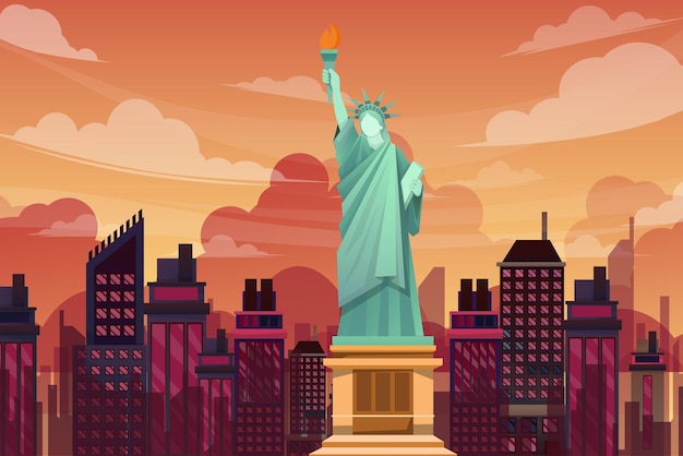 Free Vector landmark statue of liberty of new york city, famous landscape of buildings and the statue of liberty in uas, tourist attraction design postcard or travel poster, vector illustration.