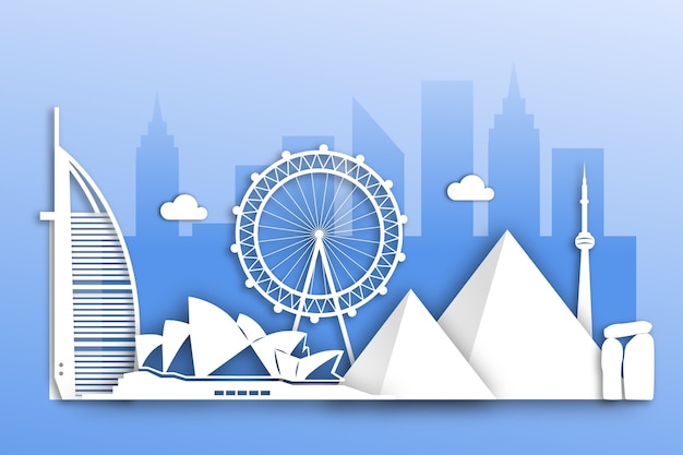 Free vector landmarks skyline in paper design