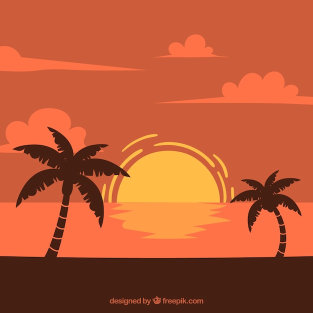 Landscape background at sunset with palm trees