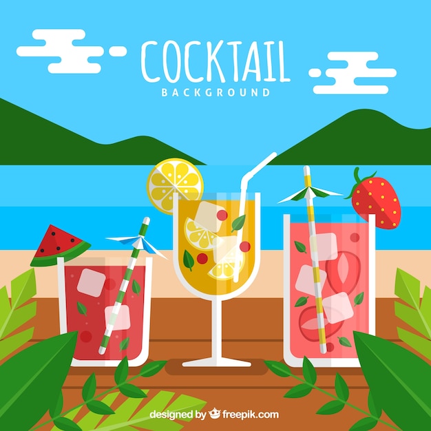 Landscape background with cocktails in flat design