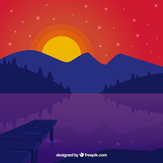 Landscape background with lake at sunset