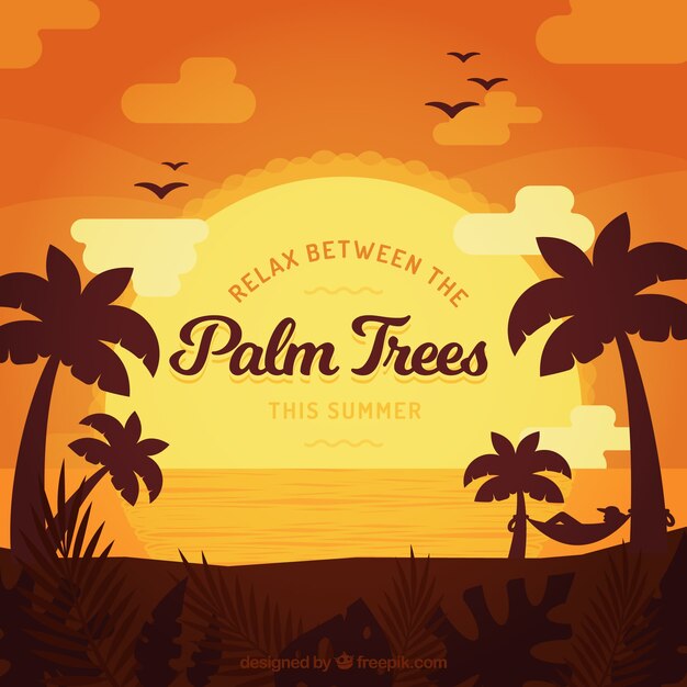 Landscape background with palm trees at sunset