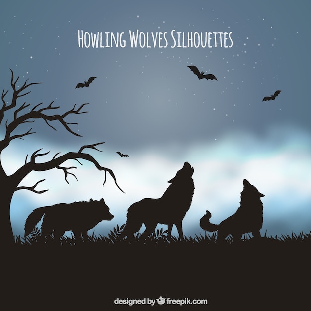 Free Vector landscape background with silhouette of wolves and bats