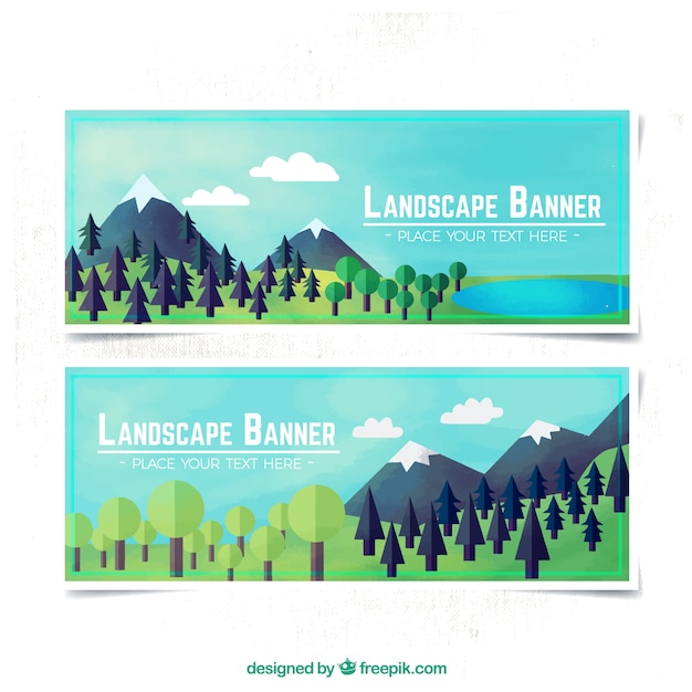 Free Vector landscape banners with mountains and trees in flat design