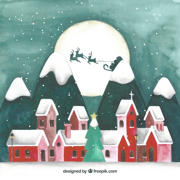 Free vector landscape of christmas city with red houses