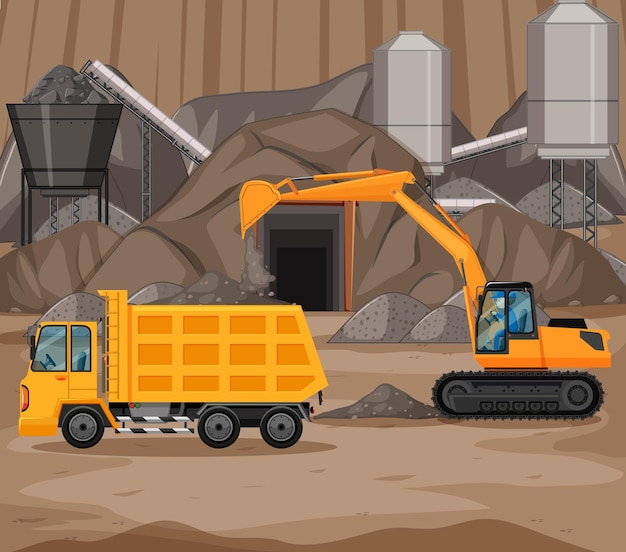 Landscape of coal mining scene with crane and trucks