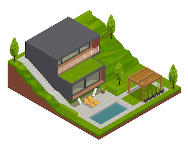 Landscape isometric composition with outdoor view of modern villa and decorated backyard with green terrain