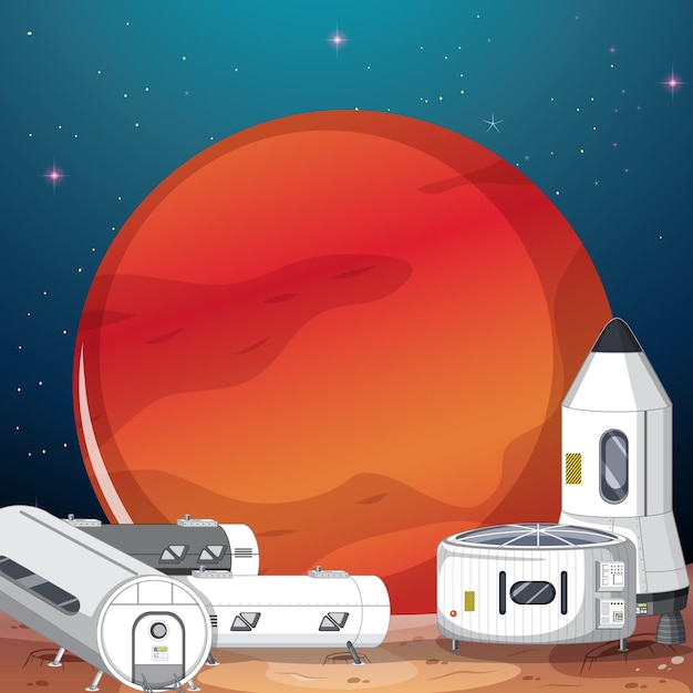 Free vector landscape of space settlement with mars planet