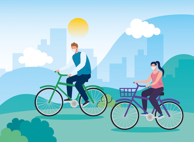 Landscape with couple using face mask in bike