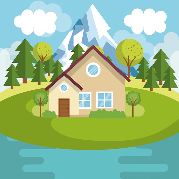 Free Vector landscape with house and lake scene