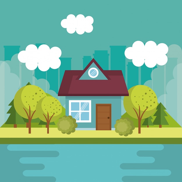 Free Vector landscape with house and lake scene