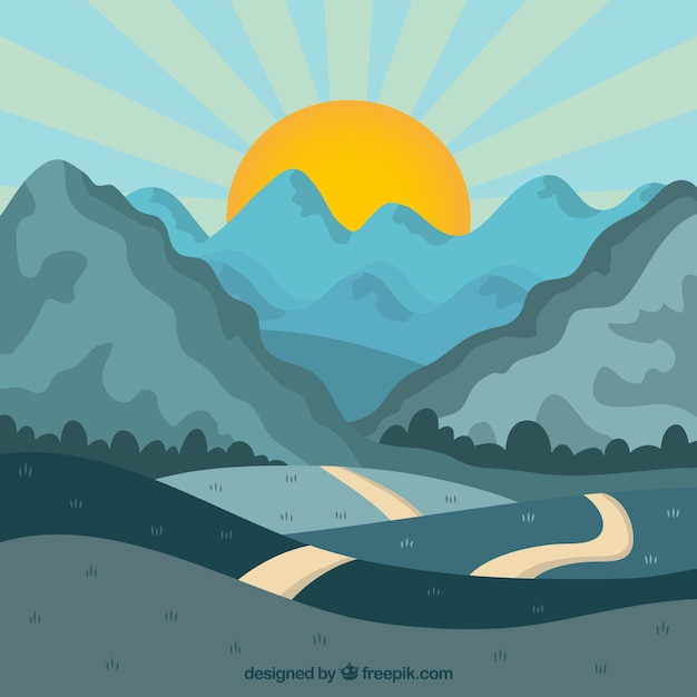 Free vector landscape with mountains and road at sunset