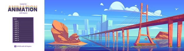 Free Vector landscape with overpass road above river city buildings on skyline and stones in water vector parallax background ready for 2d animation with cartoon illustration of lake town and bridge