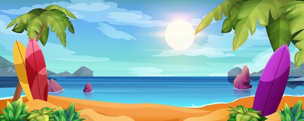 Free Vector landscape with surfboards on sandy beach and palm trees