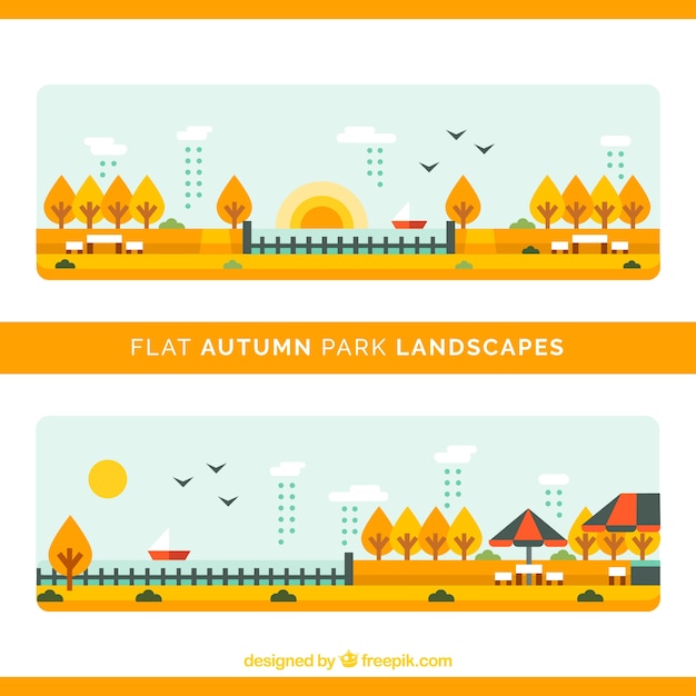 Landscapes of autumnal parks in flat style