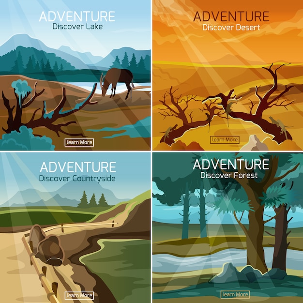 Free Vector landscapes travel 4 flat icons square