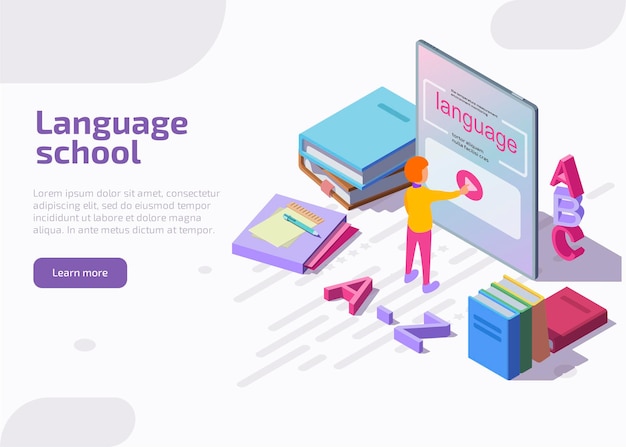 Free Vector language school isometric landing page.