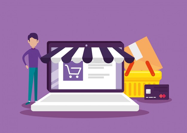 Laptop ecommerce technology with website and basket