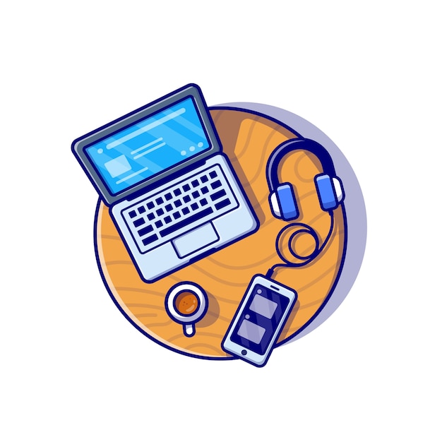 Laptop, Smartphone And Headphone Cartoon Icon Illustration. Business Technology Icon Concept Isolated . Flat Cartoon Style