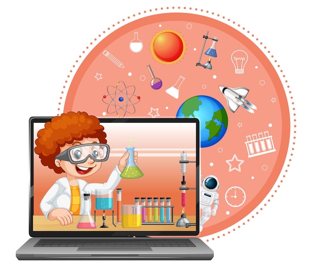 Free Vector laptop with scientist kid cartoon character