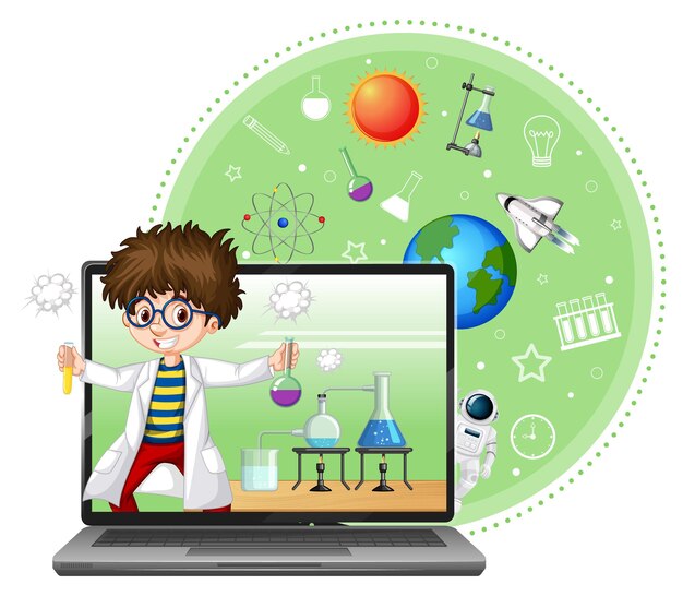 Free Vector laptop with scientist kid cartoon character