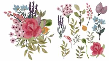 Free vector large botanical set of wild flowers set of separate parts and bring together to beautiful bouquet of flowers in water colors style on white background flat vector illustration