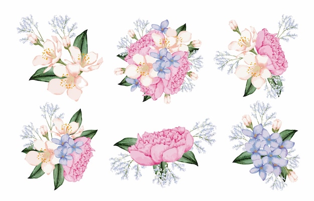 Free Vector large botanical set of wild flowers set of separate parts and bring together to beautiful bouquet of flowers in water colors style on white background flat vector illustration