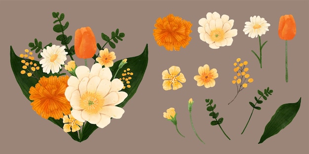 Free Vector large botanical set of wild flowers set of separate parts and bring together to beautiful bouquet of flowers in water colors style on white background flat vector illustration