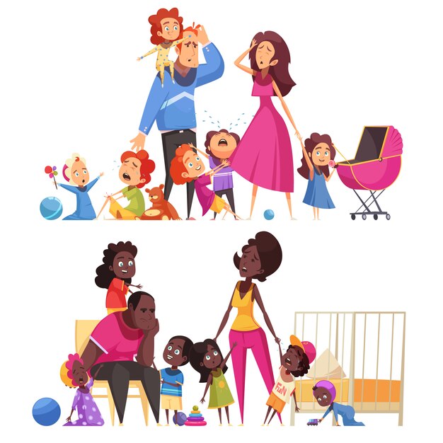 Large family two horizontal compositions with many little children and tired parents flat vector illustration